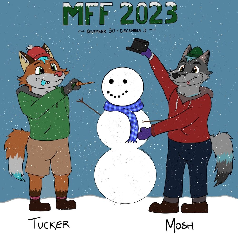 Two bleppy anthro fox characters building a snowman together! The orange fox took a bite out of the carrot, and the grey fox is putting a hat on the snowman's head