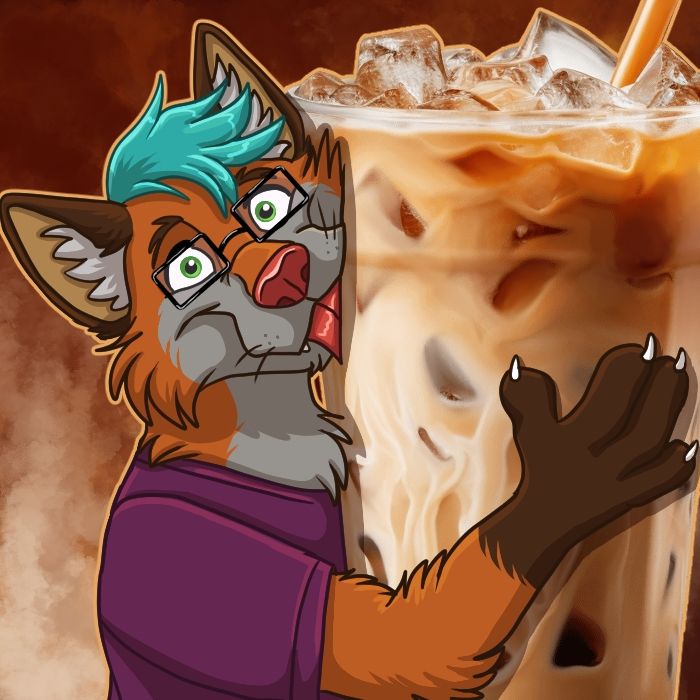 Artwork of my anthro fox character hugging an iced coffee while licking the glass