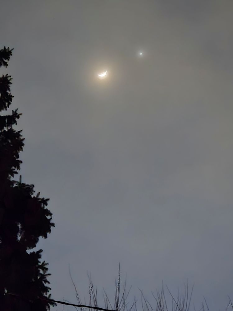 Crescent moon and small dot of light which is Venus to the upper right of the moon.