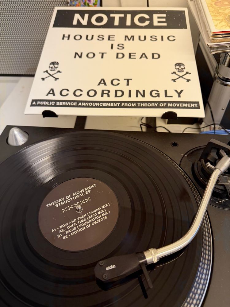 No discrimination here, this is a record from 2025 getting the WAV treatment. Theory of Movement and their Structural EP. Cover includes Skull and crossbones and a notice stating that ‘House Music Is Not Dead’.
