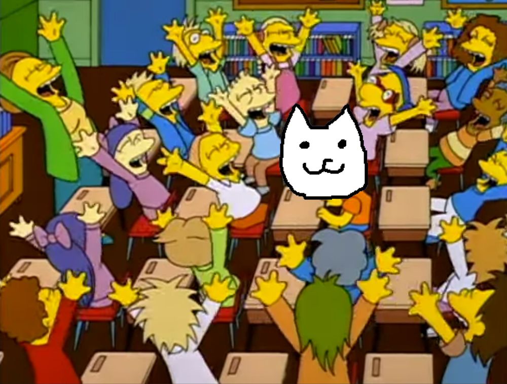A screenshot from the Simpsons showing a bunch of students, as well as the teacher, cheering for Toby Fox, who's profile has been pasted onto Bart's.