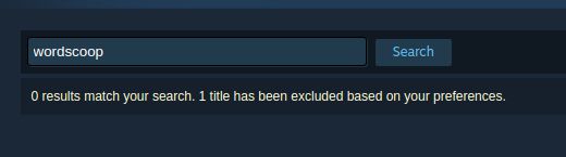 Cropped screenshot of the Steam search, showing that WordScoop is blocked based on NSFW content preferences. 