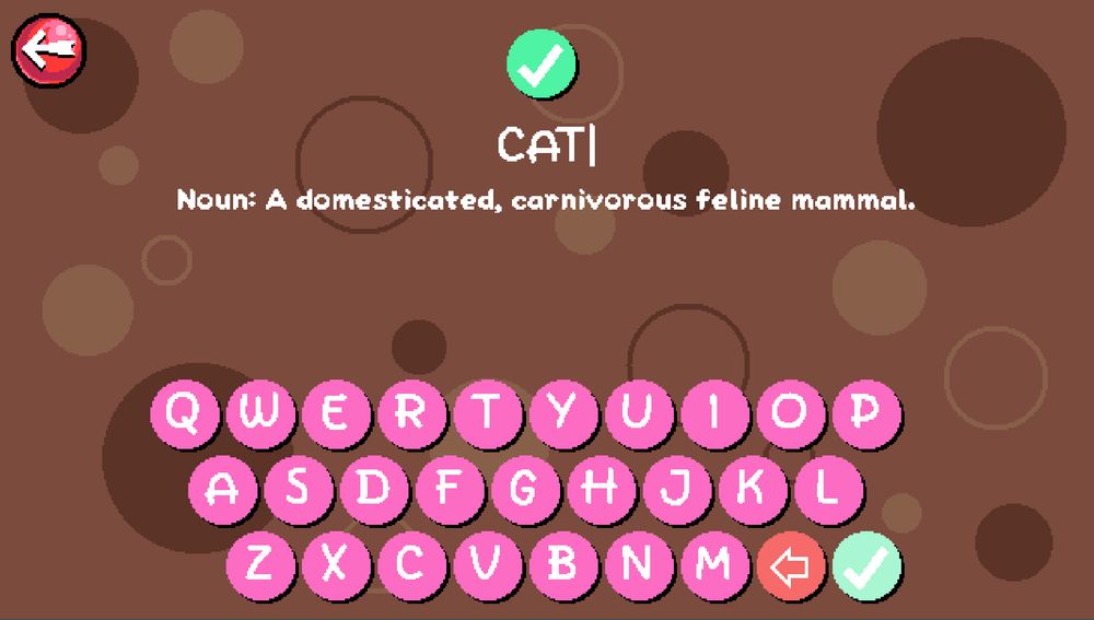 Screenshot of WordScoop's Dictionary mode. "CAT" is defined as "Noun: A domesticated, carnivorous feline mammal."