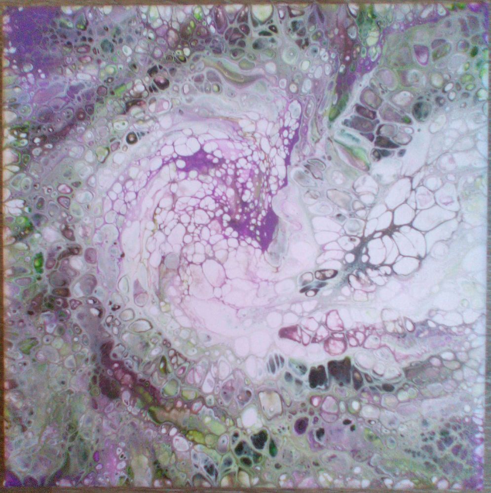 An abstract acrylic painting depicting a swirl of complex and organic shapes in earthy colors and soft purples.