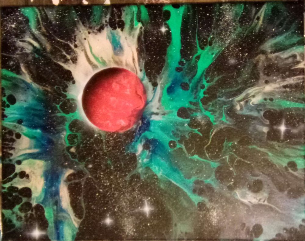 A painting depicting a bright red planet entering an aqueous nebula.