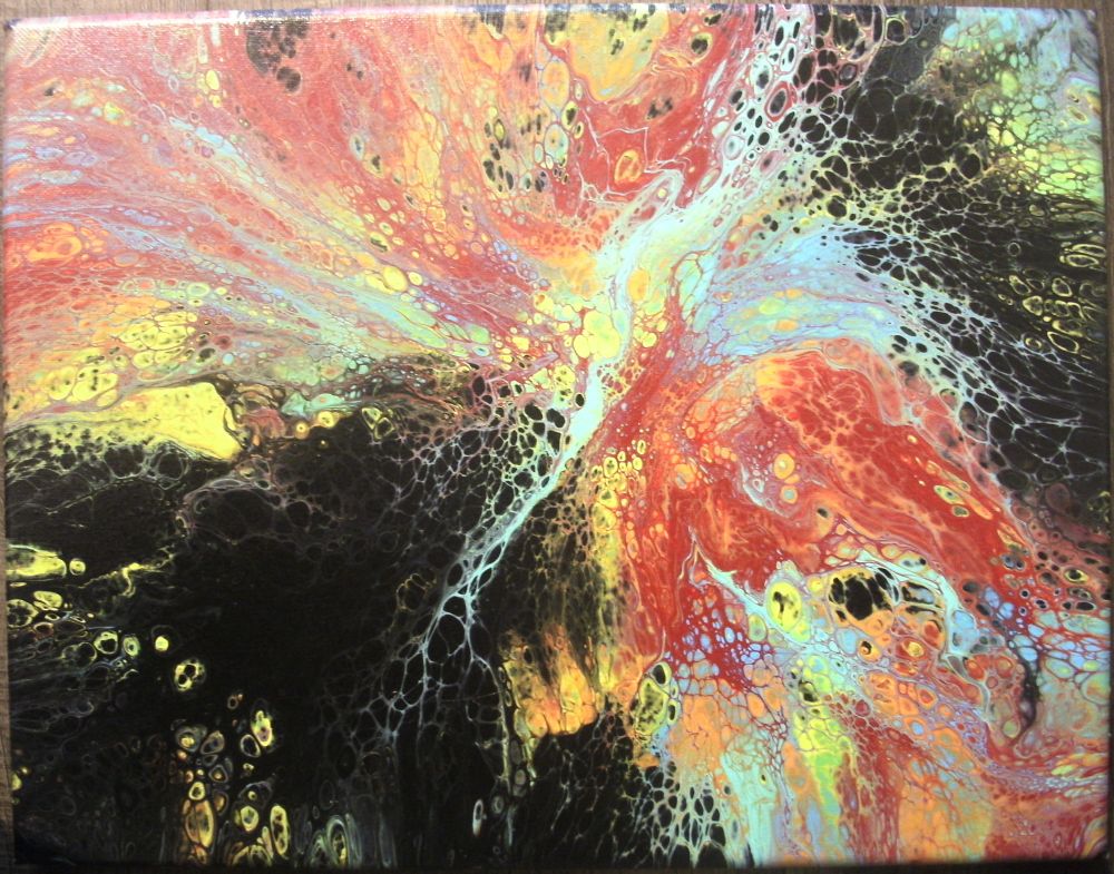 An abstract acrylic painting vaguely resembling a bird.