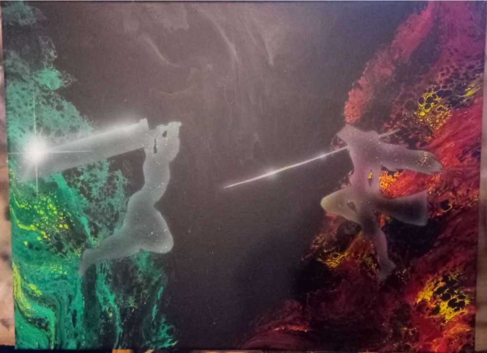 An acrylic painting depicting Cloud Strife and Sephiroth from Final Fantasy 7 preparing to engage in battle.
