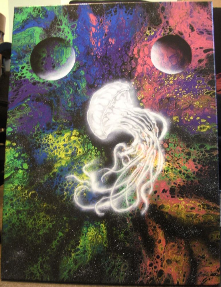 An abstract acrylic painting depicting a glowing jellyfish and two planets in a colorful nebula.