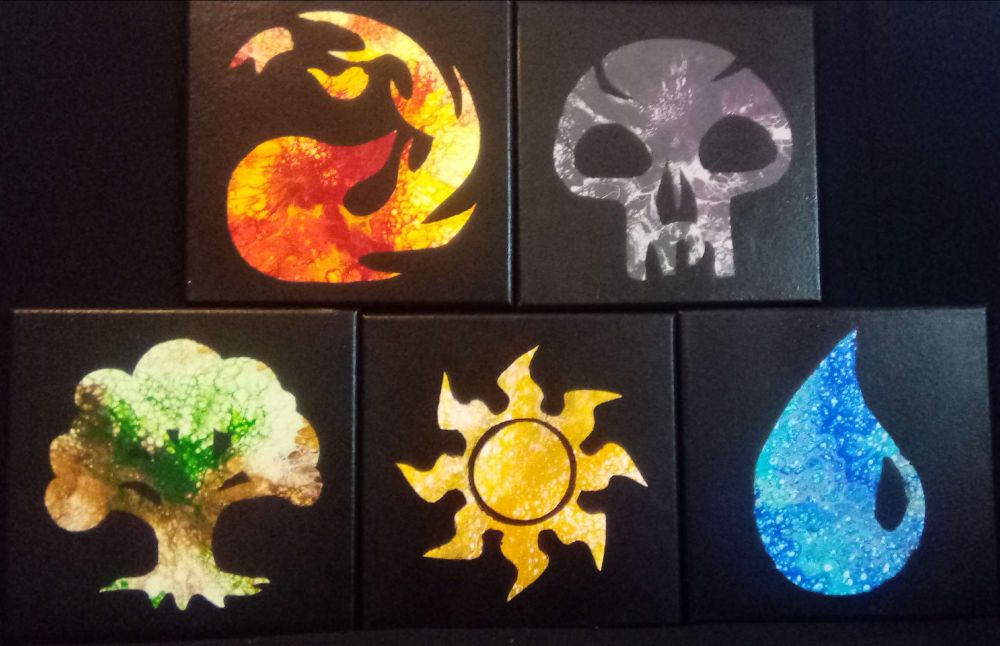 A set of 5 acrylic paintings depicting the mana symbols from the card game Magic The Gathering