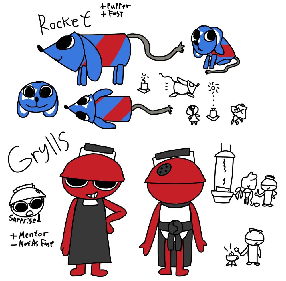 Dandy's World Independence Day Event Toon Concepts/OC's

First is Rocket, a canine shaped Toon who's appearance greatly matches the comical conical firework designs used for posters or advertisements.  They're intended to be fast on their feet (high movement speed), spontaneous, and somewhat clumsy (low skill check).  My thought for an Active Ability is the ability to place fireworks during Blackouts, luring nearby Twisted and momentarily clearing the Blackout effects after a few seconds delay.

Second is Grylls, a typical Toon who's head greatly resembles that of an outdoor kettle grill and wears a large clean black chef's apron.  My goal for them is to have that sort of "Cool Cookout Dad" vibe, their character being rather mellow, thoughtful, and willing to tutor others (if needed).  I'm still unsure as to what his Ability may be; my ideas being the ability to create "lightposts" during Blackouts that may or may not additionally function as decoys, or a functionality (Active OR Passive) to allow them to assist other Toons working on machines.