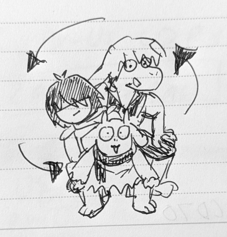 Doodle from memory on lined paper of Ralsei, Kris, and Susie standing single file, while moving their upper torsos in a circular motion but kind of staggered. There has got to be a word for this, but i just dont know it