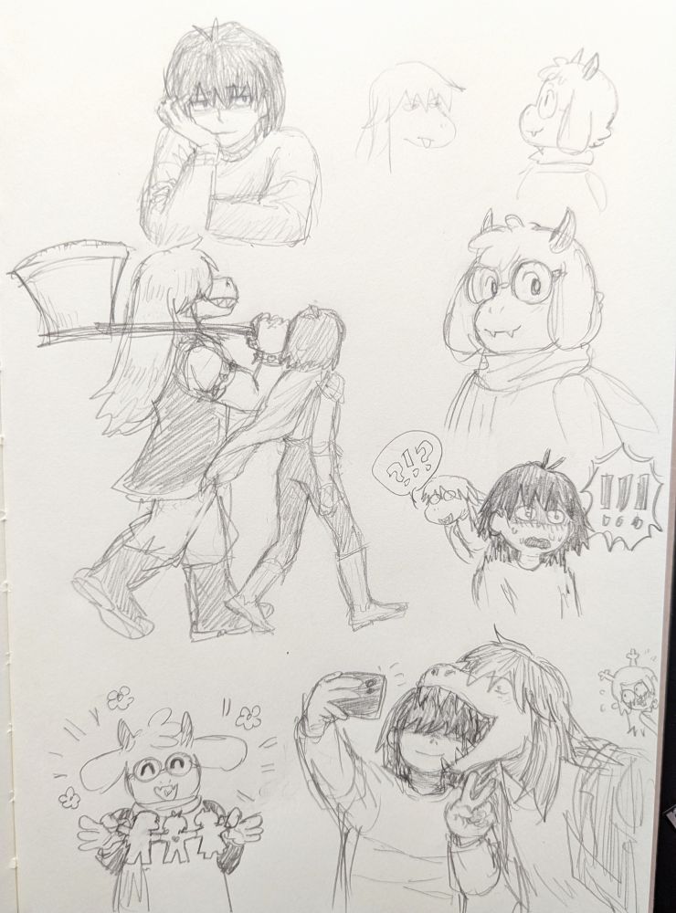 various pencil sketches of Kris, Susie, and Ralsei from Deltarune, in both light world and dark world forms. They're mostly silly and lighthearted