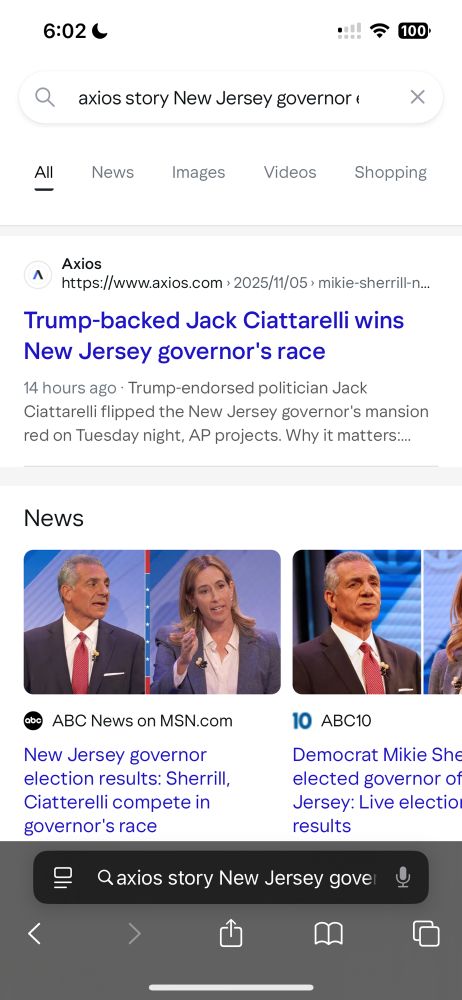 Search summary of axios story that proclaimed the GOP won the new jersey governor race
