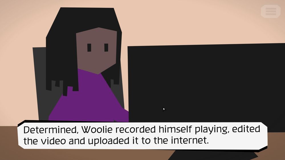 A screenshot from the game Majotori. It shows a character seated and looking at a computer monitor and there is text at the bottom of the screen that says "Determined. Woolie recorded himself playing, edited the video and uploaded it to the internet." 
