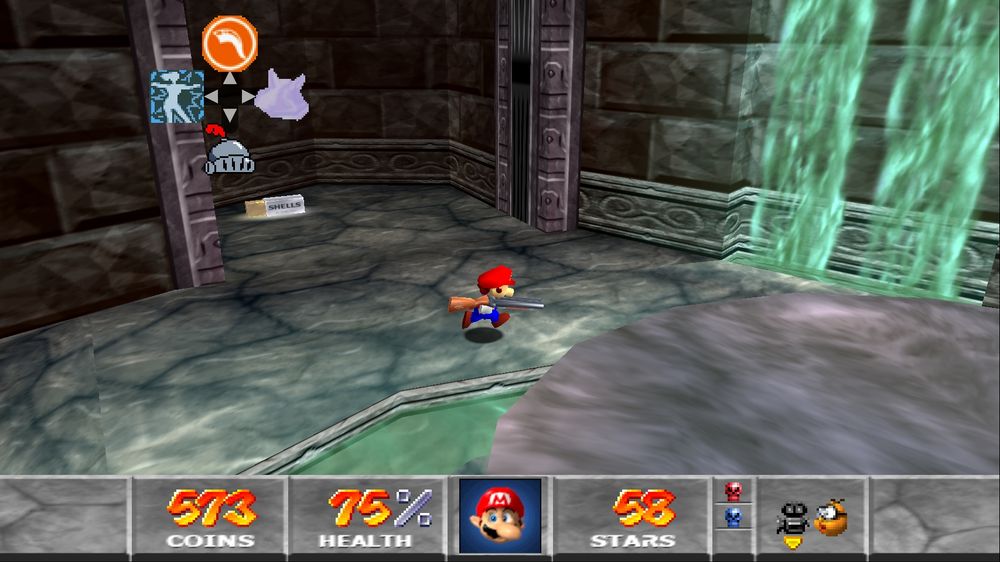 A screenshot from the Mario 64 romhack, Mario in the Multiverse. It shows Mario running around a dungeon while holding a shotgun. 