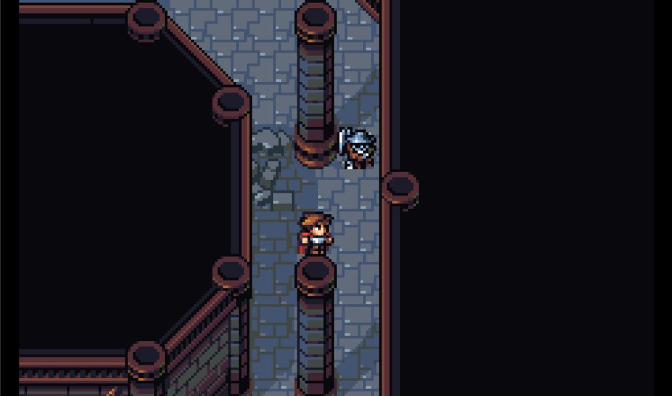 A screenshot from the game Shadows of Adam which shows the player navigating an underground dungeon with an enemy approaching them to their right. 