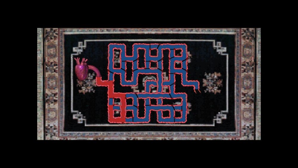 A screenshot of a puzzle from 7th Guest which shows the player needing to adjust arteries to make blood from a heart move from the left to right similar to Pipe Dreams. 