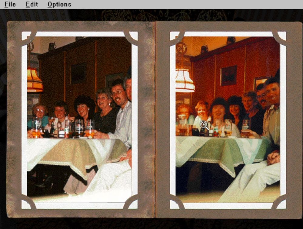 A screenshot from the game Ghosts and the game presents two photographs, one with a head jutting out of a dinning room table which the game claims is a ghost, though the photo clearly is just evidence of a double-exposure flaw in the film. 