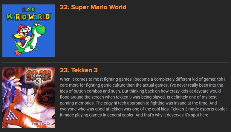 A screenshot of a user-created list on Giant Bomb wherein the author of the list is annotating their 25 favorite games from the 1990s and they have Super Mario World at #22 and Tekken 3 at #23.