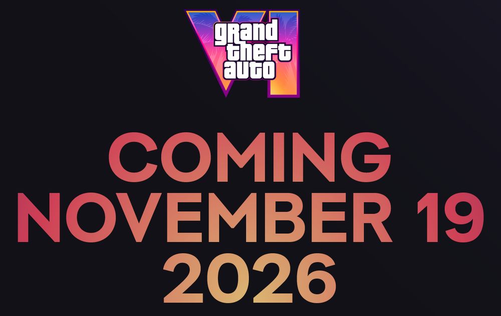 A promotional screenshot showing the Grand Theft Auto logo above the words "Coming November 19 2026" on an all black background. 