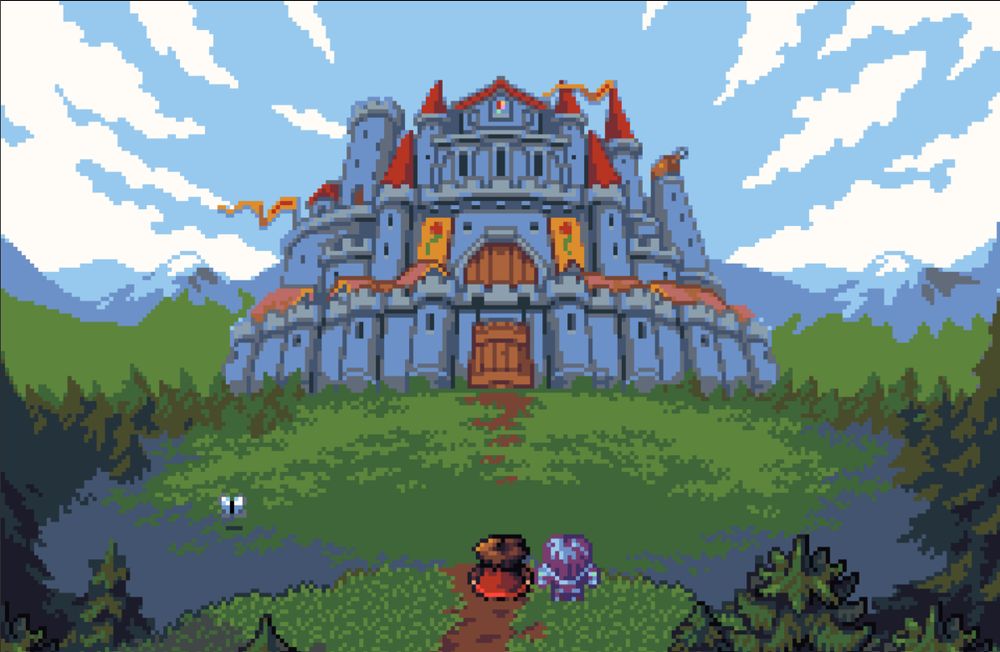 A screenshot of a cutscene from the game Shadows of Adam which shows two characters walking up to a large multi-story castle. The game uses a deliberately retro and 16-bit-inspired art style. 