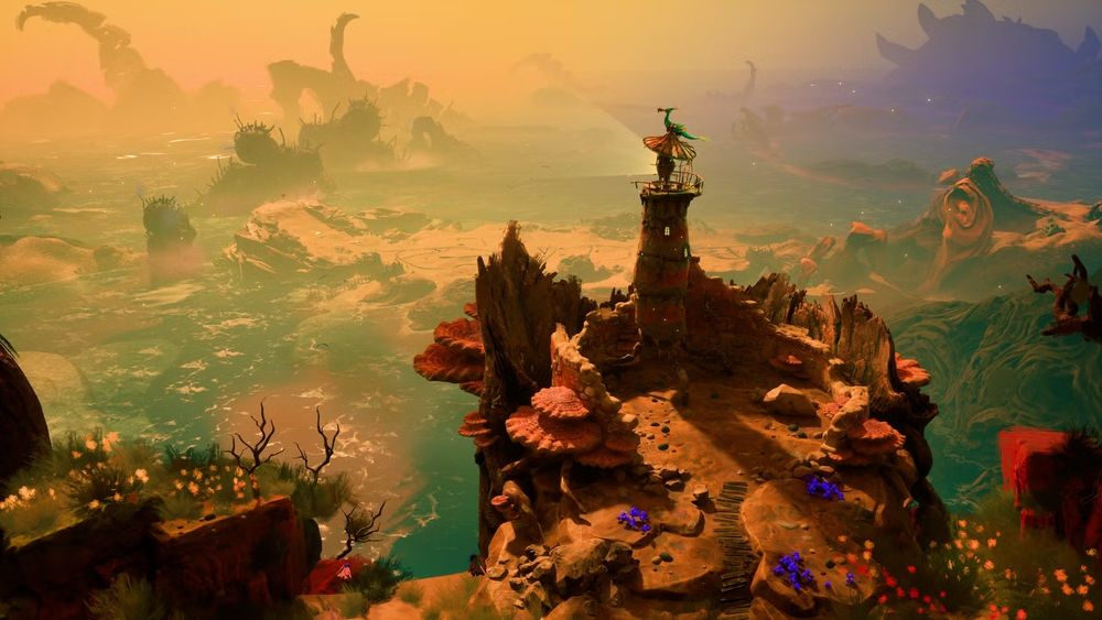 A screenshot from the video game Keeper which shows a lighthouse on top of a canyon looking over a fantastical sea and coastal area. 