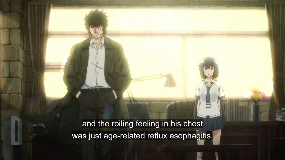 A screenshot from the anime, Detectives These Days Are Crazy! It shows a tall male detective on the left next to a much-smaller school girl wearing a uniform to the right. 