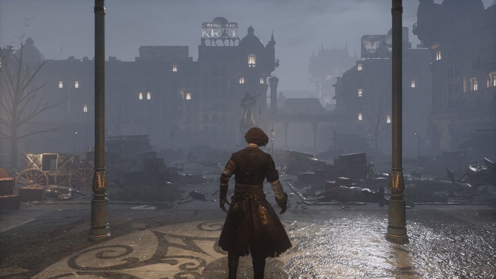 A screenshot of the game Lies of P showing the game's protagonist walking into a street covered in refuse. 