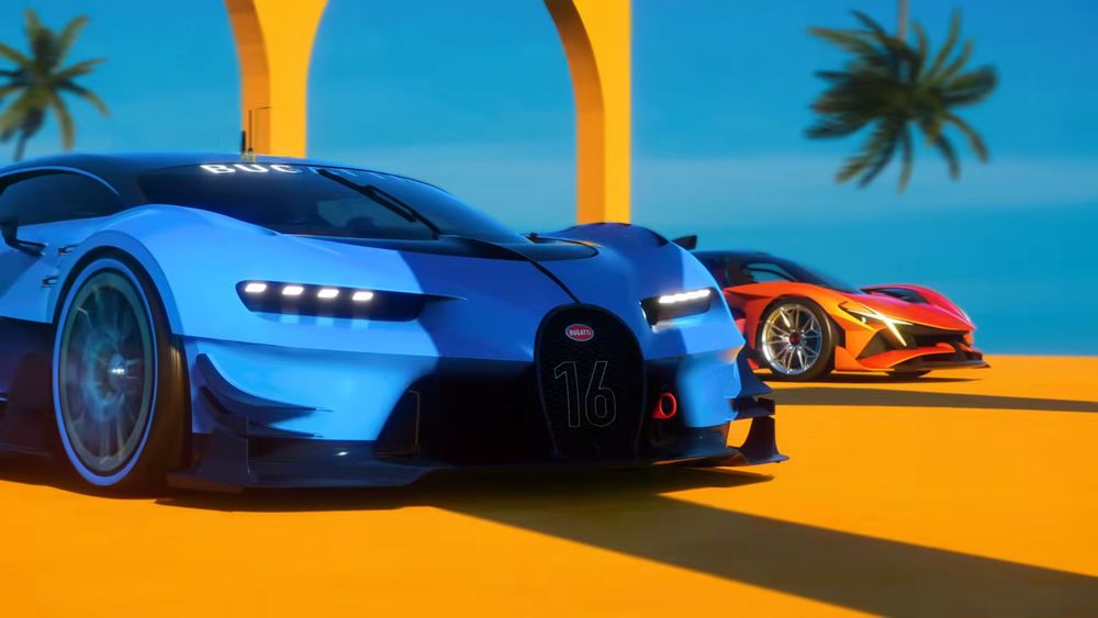 A screenshot from a promotional trailer for The Crew Motorfest showing the newly announced Bugatti Vision GT