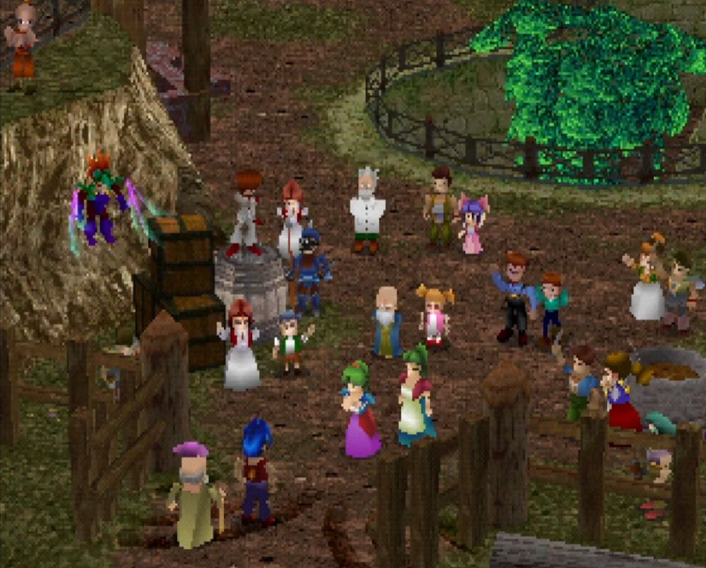 A screenshot from the end of Legend of Legaia in which the game's protagonist is seen leaving their hometown with all of their friends and family waving them goodbye. 