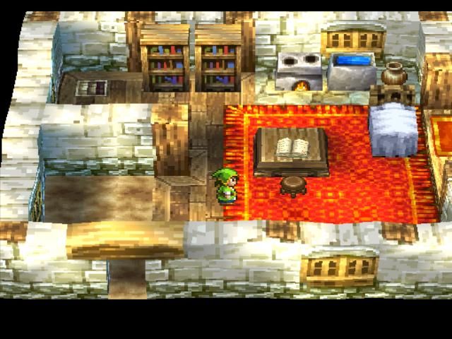 A screenshot of Dragon Quest VII: Fragments of the Forgotten Past showing the game's protagonist standing in a house with a kitchen and bed as well as a table and two book shelfs. 