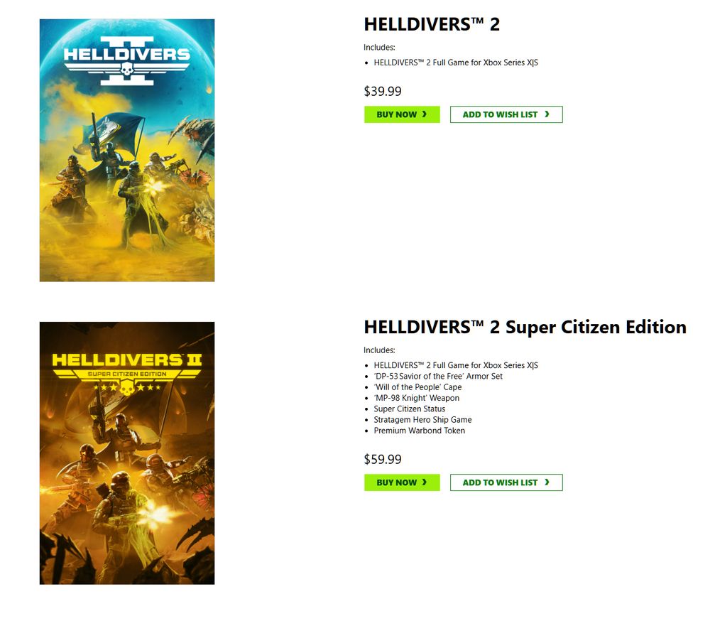 A screenshot of the game posting for the two versions of Helldivers 2 on the Xbox Store. The base game is $39.99 whereas the 