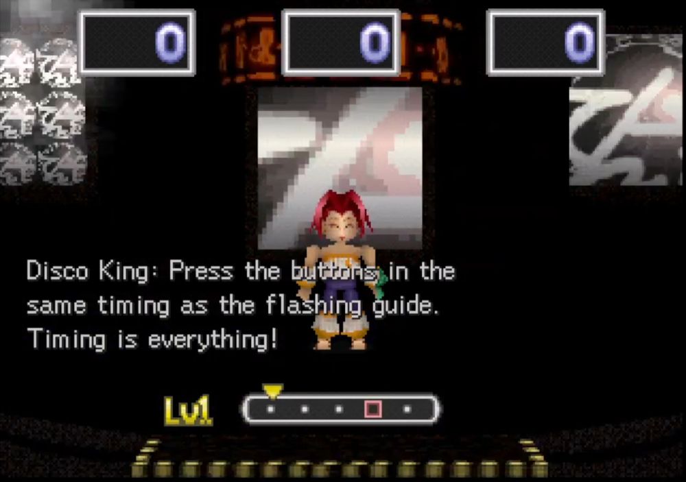 A screenshot from the PS1 game Legend of Legaia and the player is controlling the character Noa during a dancing minigame in Sol Tower. 