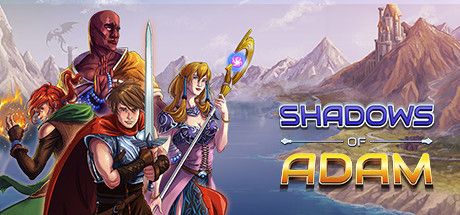 The Steam store page/banner for the game Shadows of Adam. It shows the game's party of four characters to the left of the game's title with a mountainous fantasy vista shot in the background. 
