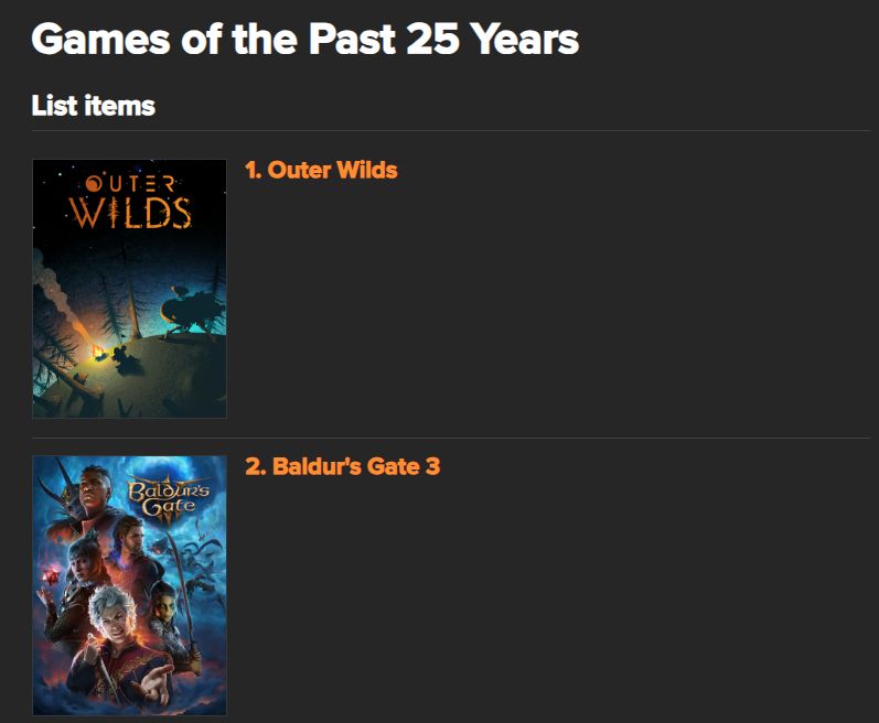 A screenshot showing an excerpt of a user-created list on Giant Bomb with the title being "Games of the Past 25 Years" and the author has put Outer Wilds at #1 and Baldur's Gate 3 at #2. 