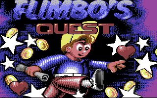 A screenshot showing the start screen for Flimbo's Quest for the Commodore 64. It shows the game's protagonist, Flimbo, marching forward behind the game's title card. 