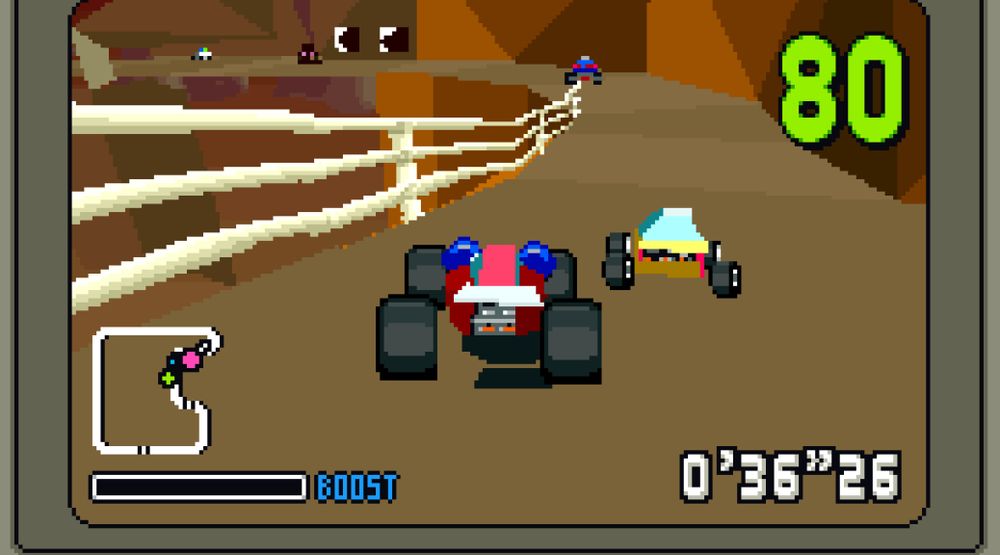 A screenshot of Stunt Race FX on the SNES which shows the player controlling a red race buggy with a yellow opponent ahead of them and the race takes place on a brown mountain course. 