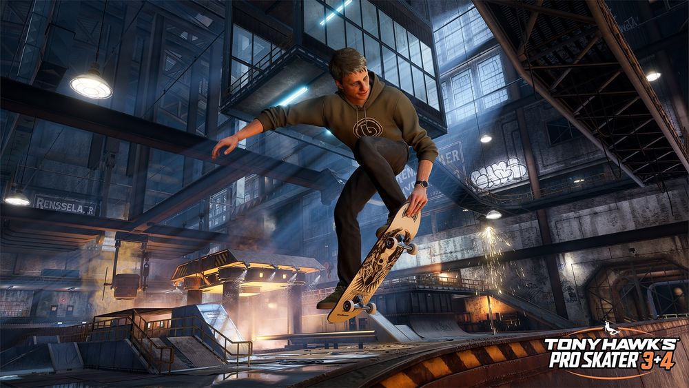 A promotional image for Tony Hawk's Pro Skater 3+4 showing the former professional skater Tony Hawk performing a kick flip. 