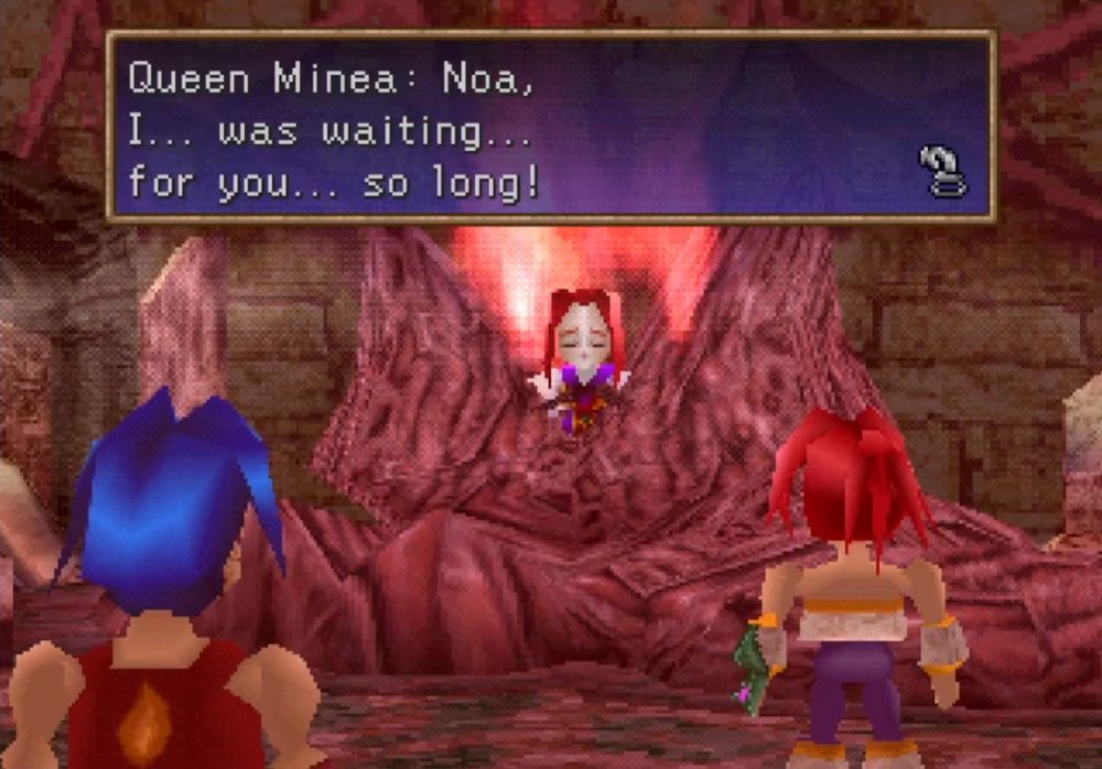 A screenshot which shows the city of Conkram covered in flesh and tentacles and the characters find the city's queen largely contained by a giant flesh mound. 