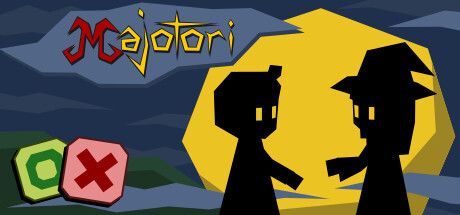 The title card for the video game Majotori from developer Majorariatto. It shows the outlines of two characters, the one on the right wearing a wizard hat, in front of a moon with the game's title to the left of them.