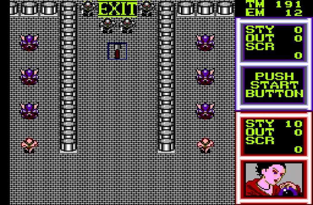 A screenshot of the game Gain Ground on the Sega Master System/ It shows the player controlling a female wizard moving forward into an exit on a castle. 
