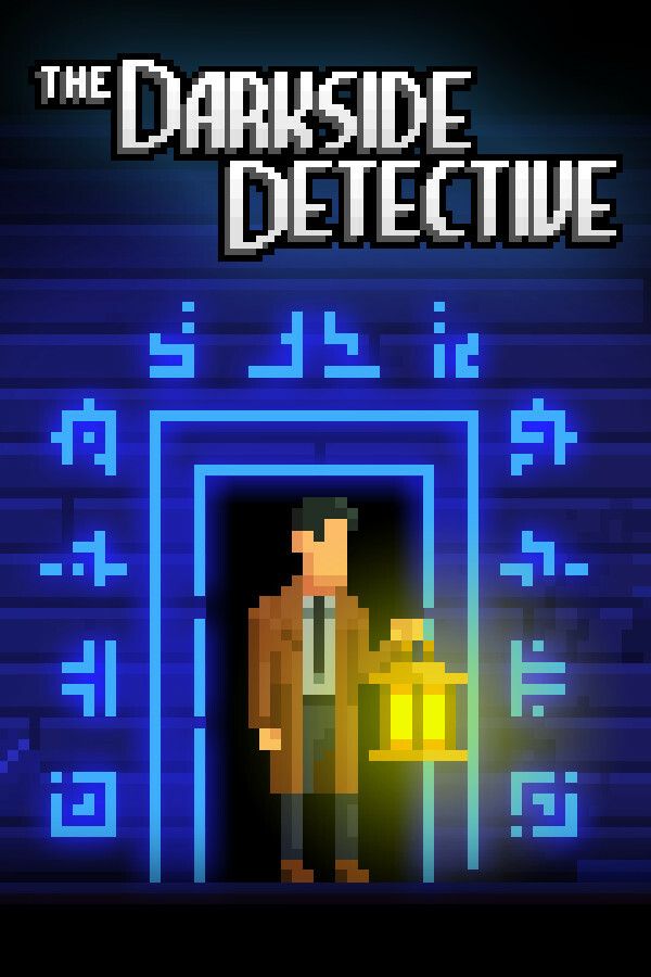 Boxart/promo art for the video game The Darkside Detective by developer Spooky Doorway. The screenshot features the Columbo-looking protaganist walking through a blue-tinted doorway while holding a gas lamp.