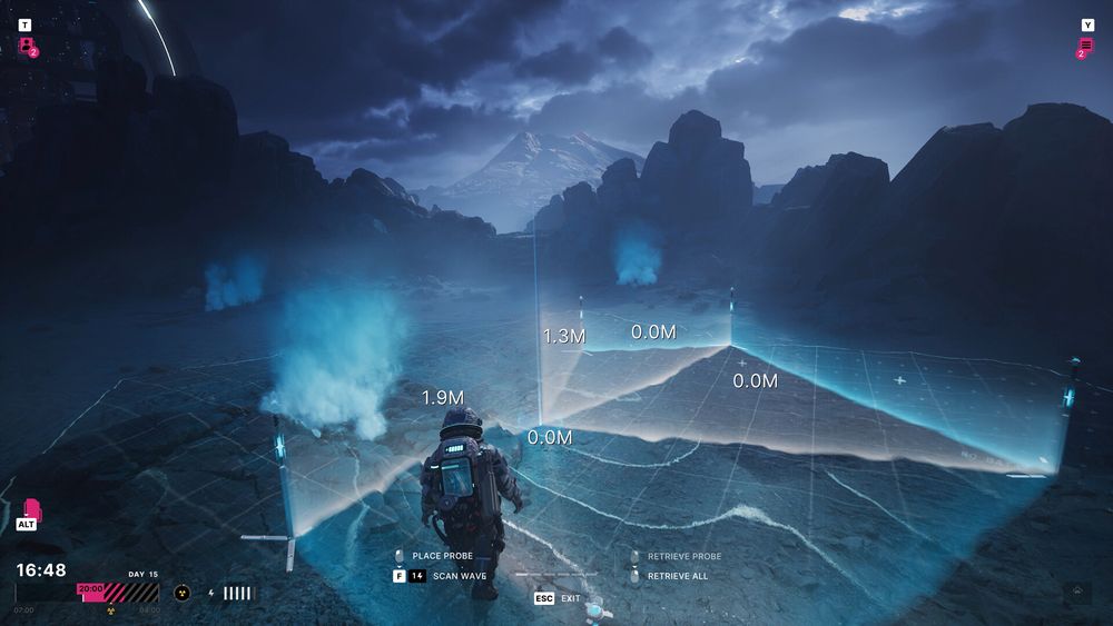 A screenshot from the game, The Alters, showing the player's character donning a space suit and walking through a desolate volcanic plant with holographics informing them of the terrain they are navigating. 