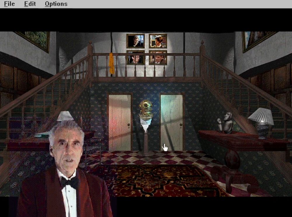 A screenshot from the game Ghosts which shows the character first entering the game's main location, a mansion, and Christopher Lee is on the bottom left providing an introduction of where the player is and what they must do. 
