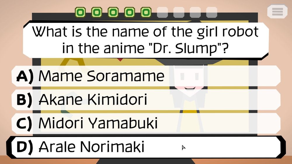 A screenshot from the game Majotori wherein the game is asking the player a multiple-choice exam that asks "What is the name of the girl robot in the anime 'Dr. Slump'?" with four possible options and only one correct choice. 