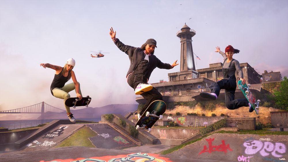 A promotional screenshot of Tony Hawk's Pro Skater 3+4 showing three skaters in the air at a skate park each performing a different aerial maneuver or trick. 