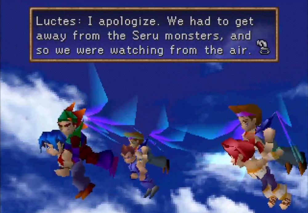 A screenshot from the game Legend of Legaia which shows the game's three main characters being carried in the sky by Soren which are human-like beings that have wings that allow them to fly. 