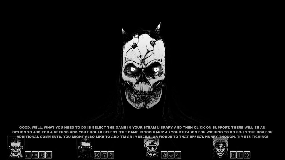 A screenshot from the game Cryptmaster in which the player and their party is being talked to the game's crypt master, which is a cloaked figure with horns. 