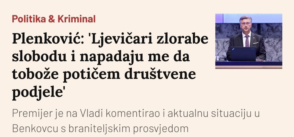 Screenshot s portala Telegram: Plenković: 'Ljevičari zlorabe slobodu i napadaju me da tobože potičem društvene podjele'  