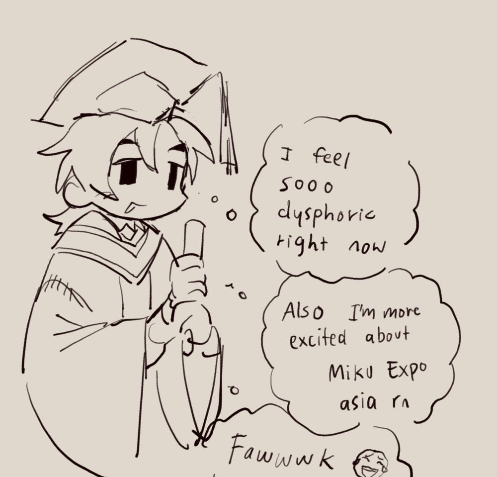 Digital sketch of myself in my graduation gown and cap smiling blankly as i hold a scroll in my hands. Thoughts like “i feel sooo dysphoric right now” “Also i’m more excited about Miku Expo Asia rn” and “Fawwwwk😂” are going through my head